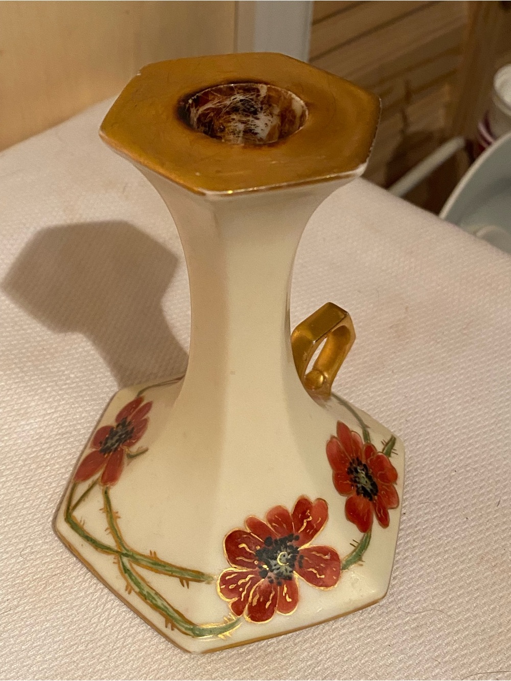 Limoges Cream Porcelain Candle Holder with Red Floral and Gold Trim